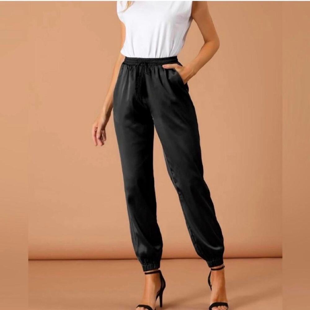 Boohoo black satin joggers with